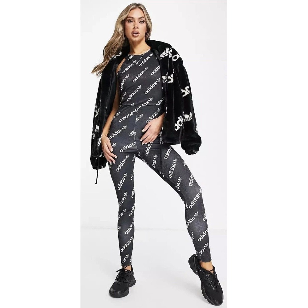 Adidas‎ Originals Women's Logomania Monogram Print Catsuit Jumpsuit Black XS - Picture 3 of 14